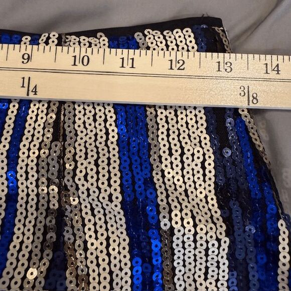 Lulu's Dazzle You Gold and Blue Striped Sequin Mini Skirt Back Zip Size Small - Picture 9 of 11